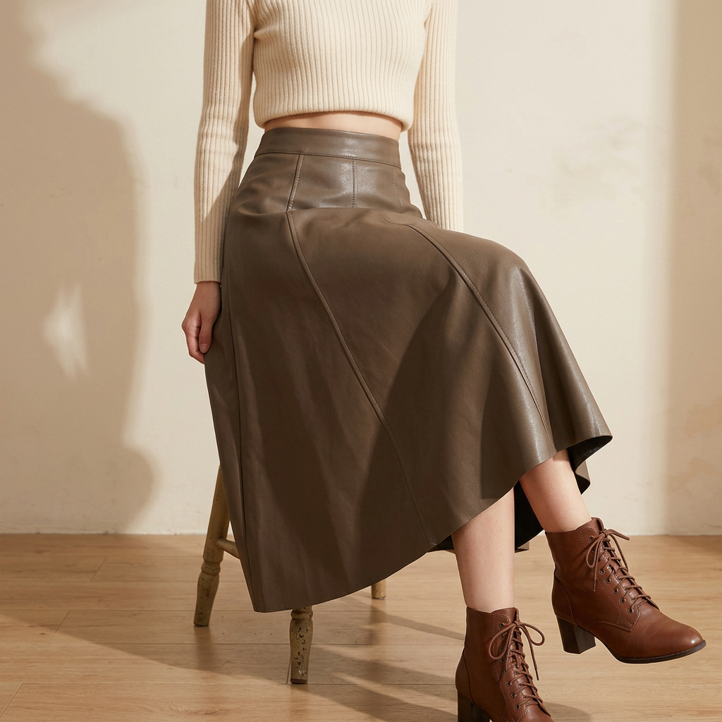 A-Line PU Leather Brown Umbrella Skirt - Q801_KHAKI
