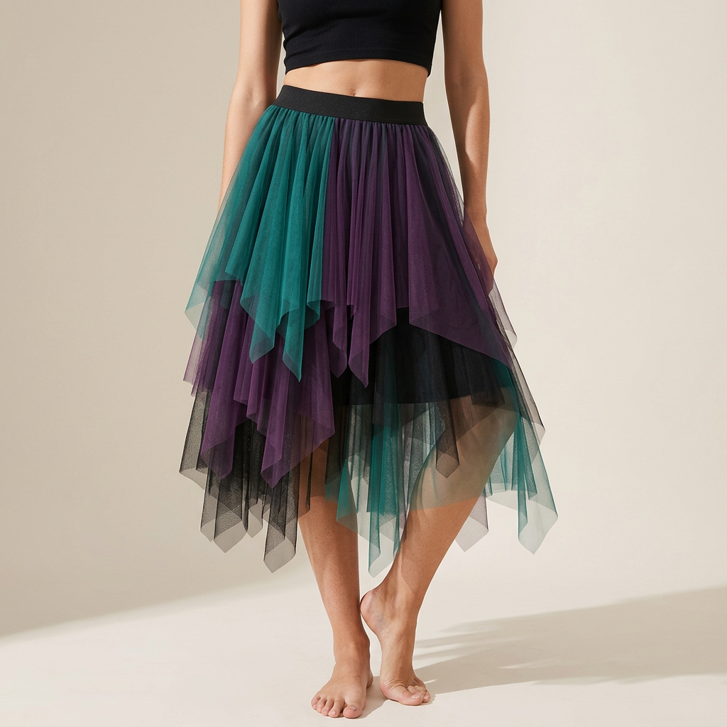 Multilayer Irregular Three Color Mesh Skirt - 8063_PURPLE AND GREEN
