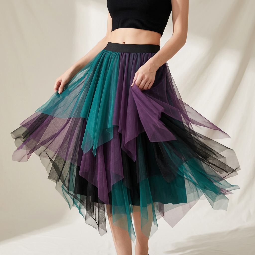 Multilayer Irregular Three Color Mesh Skirt - 8063_PURPLE AND GREEN