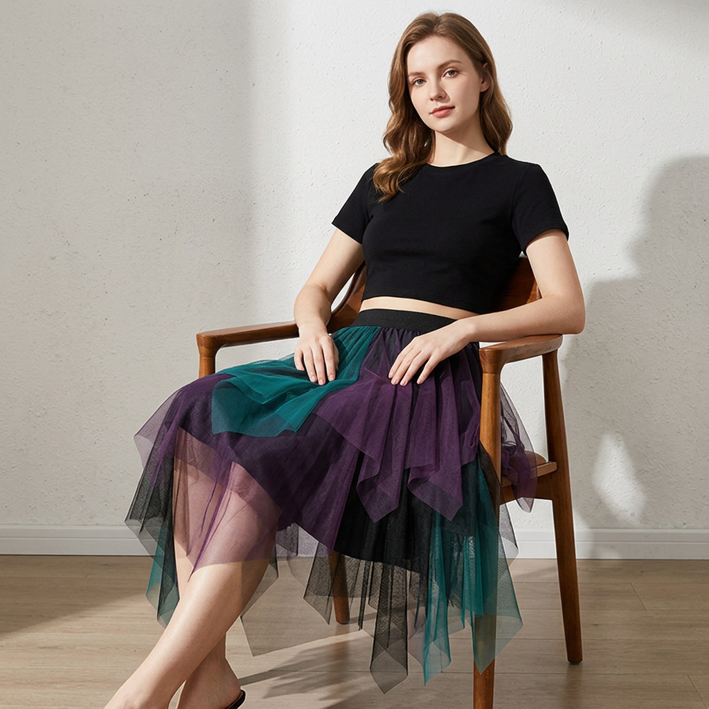 Multilayer Irregular Three Color Mesh Skirt - 8063_PURPLE AND GREEN