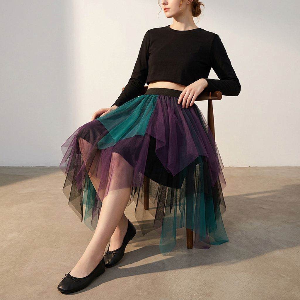 Multilayer Irregular Three Color Mesh Skirt - 8063_PURPLE AND GREEN