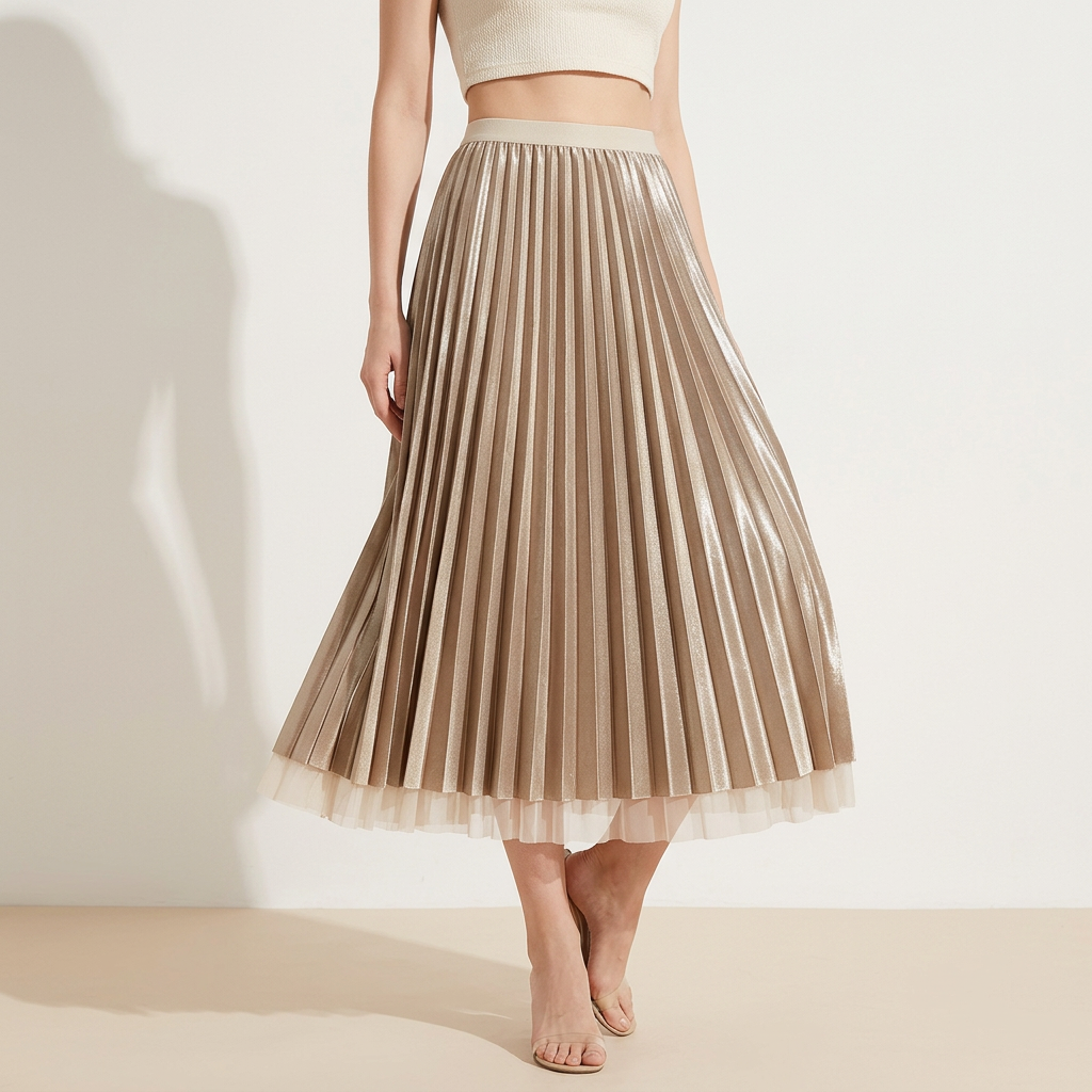 Velvet And Mesh Multilayer Pleated Skirt - 3319_APRICOT