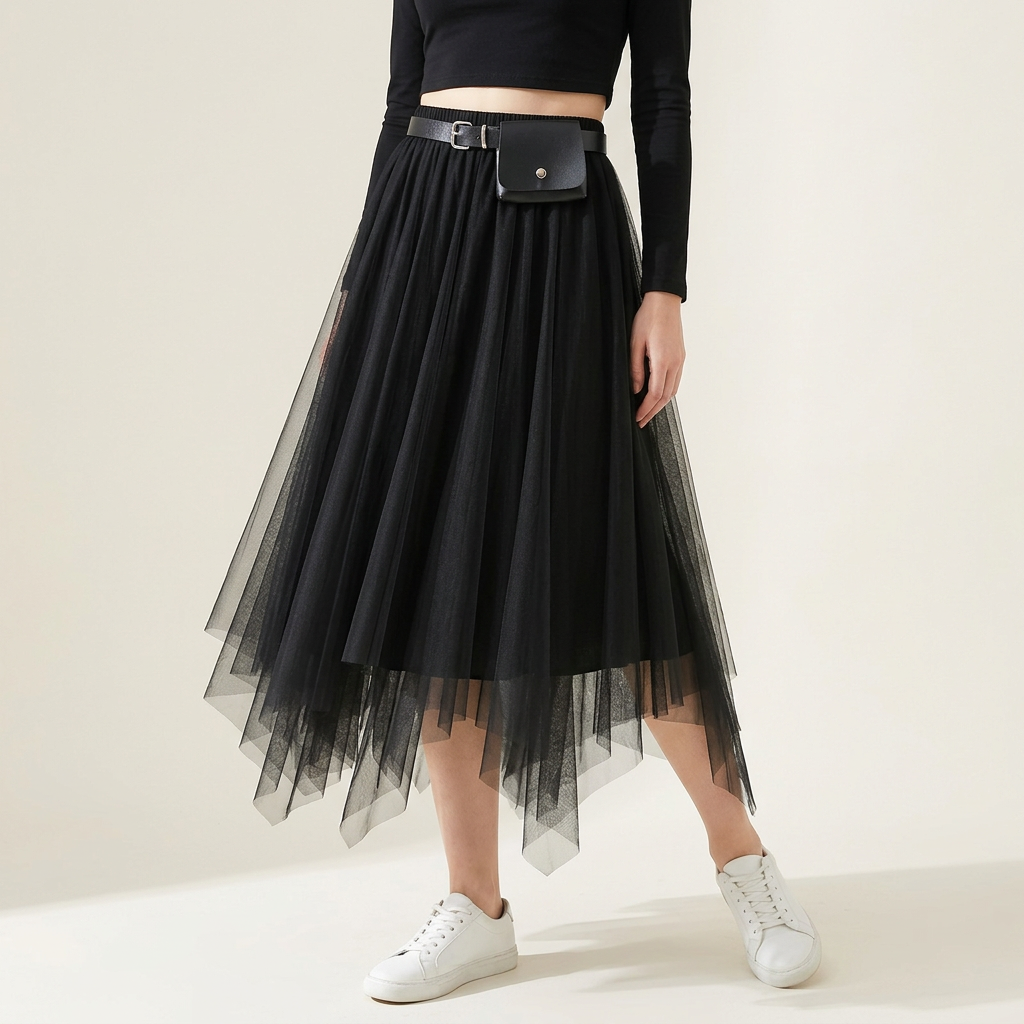 Irregular Mesh Skirt With Belt - 8808_BLACK