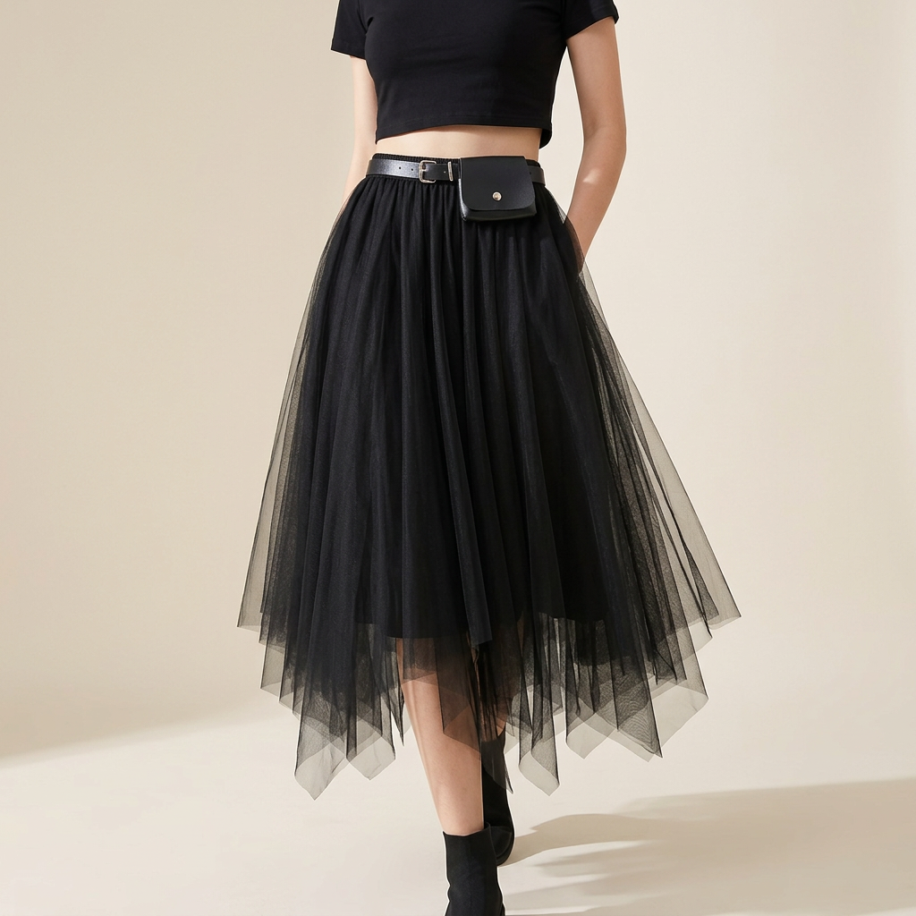 Irregular Mesh Skirt With Belt - 8808_BLACK