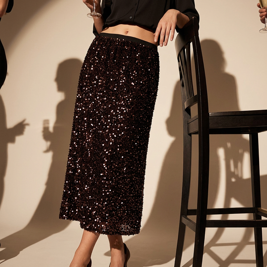 Heavy Sequinned Hip Skirt With Back Slit - D8035_COFFEE