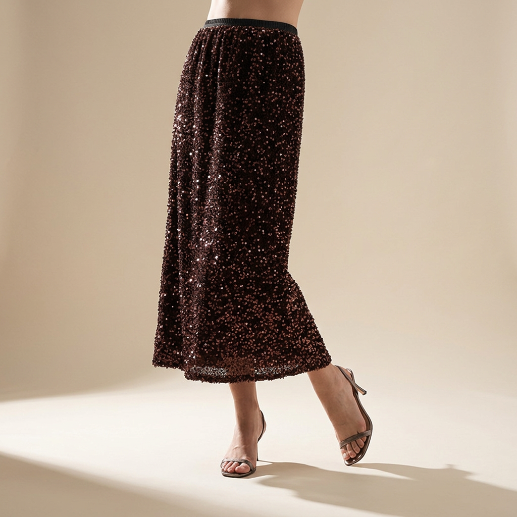 Heavy Sequinned Hip Skirt With Back Slit - D8035_COFFEE