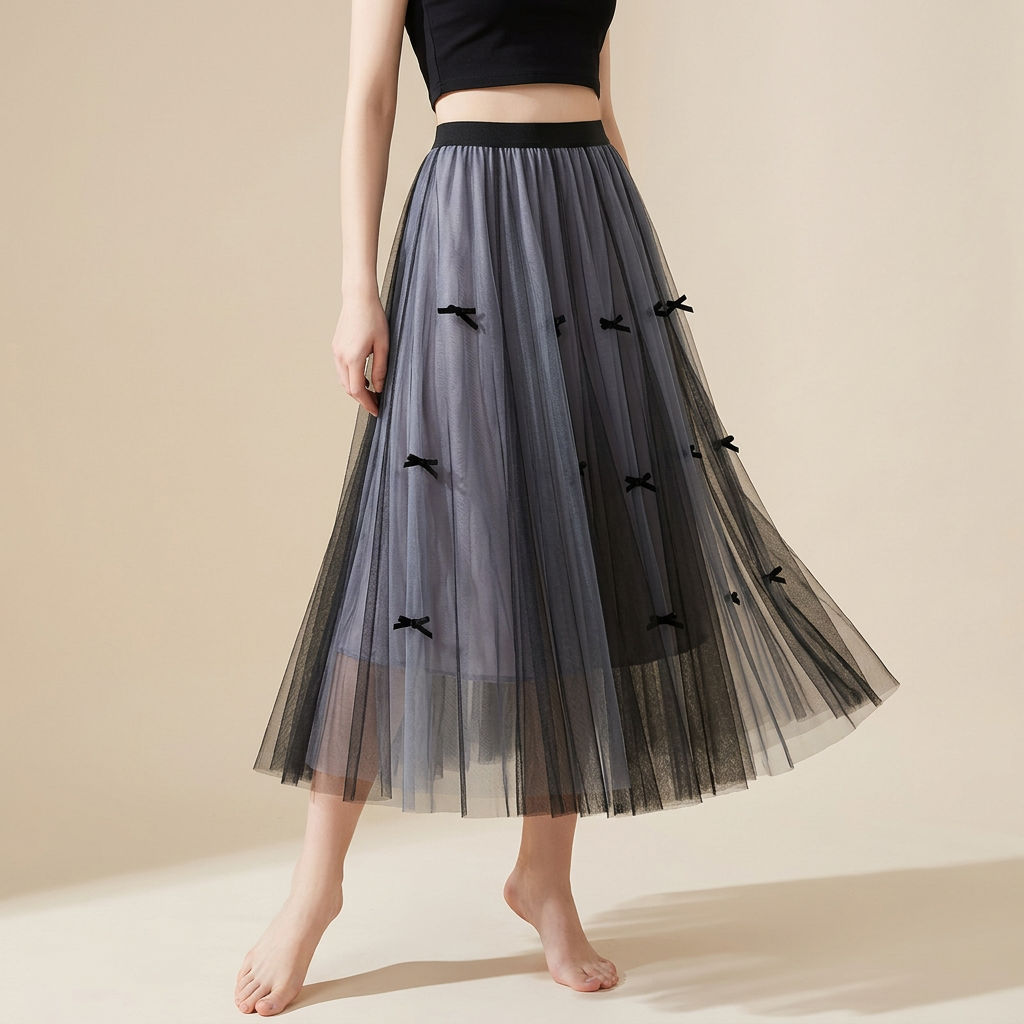 Mesh Gauze Japanese Style A Line Bow Skirt - 0883_GREY