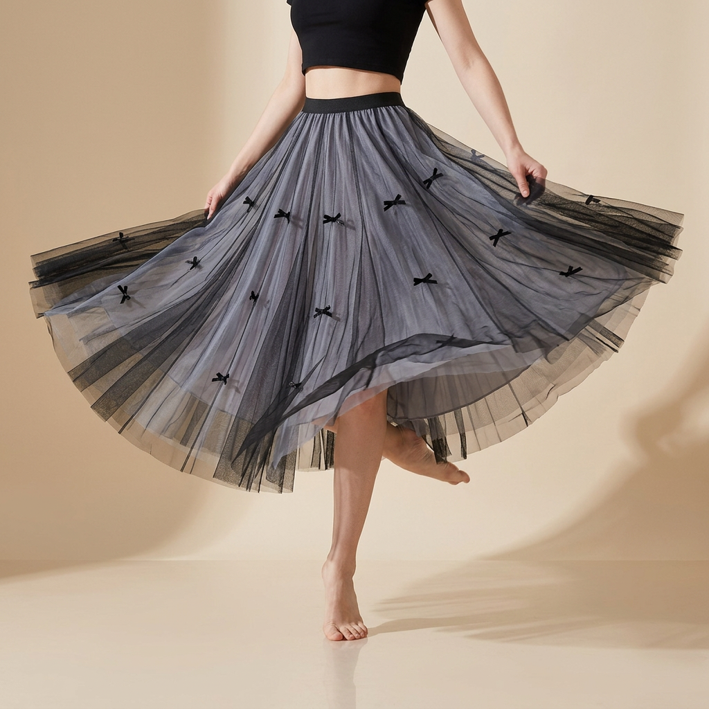 Mesh Gauze Japanese Style A Line Bow Skirt - 0883_GREY