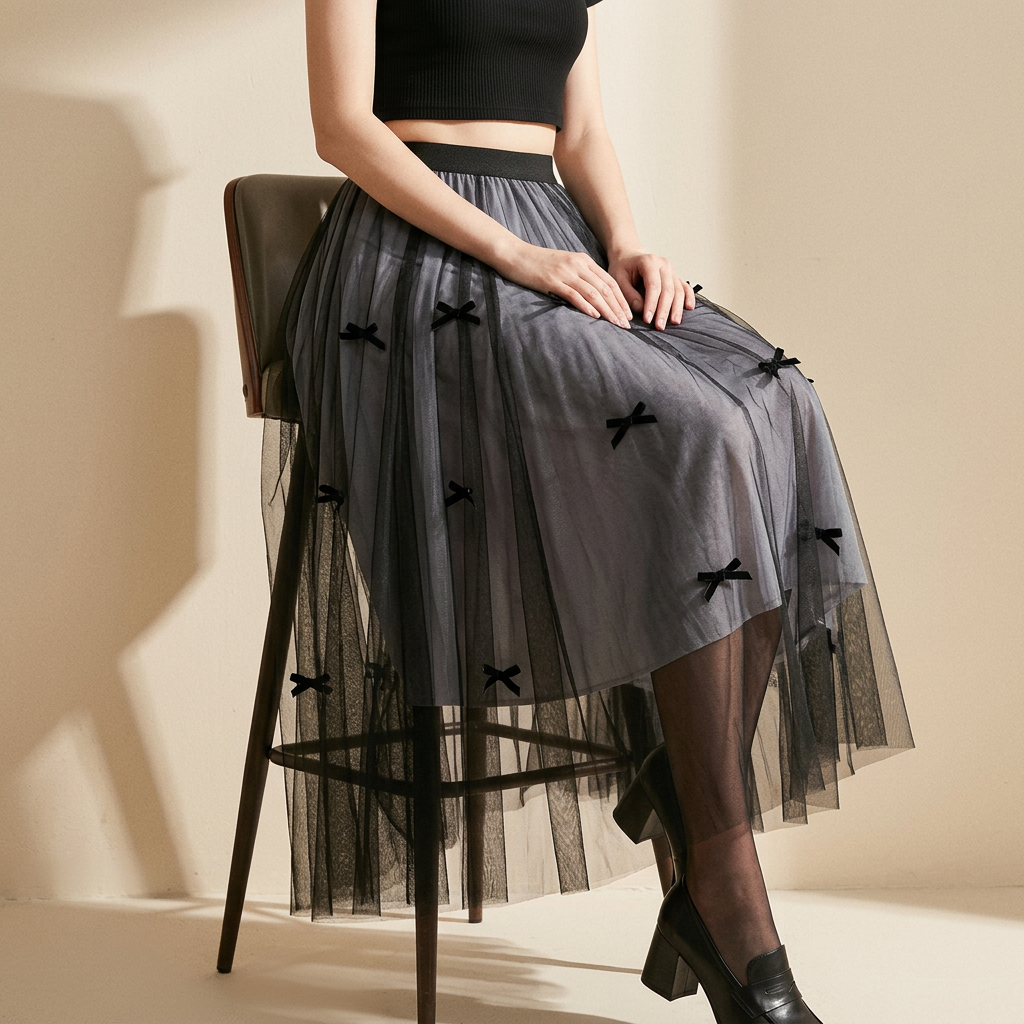 Mesh Gauze Japanese Style A Line Bow Skirt - 0883_GREY