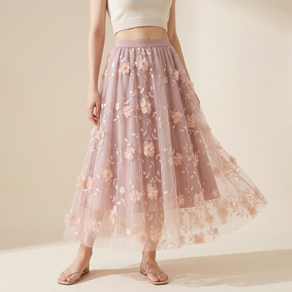 Flower Embellished and Embroidered Mesh A-Line Skirt With Satin Lining - 8692_PINK