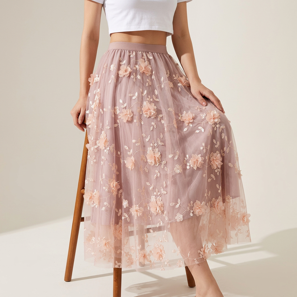 Flower Embellished and Embroidered Mesh A-Line Skirt With Satin Lining - 8692_PINK