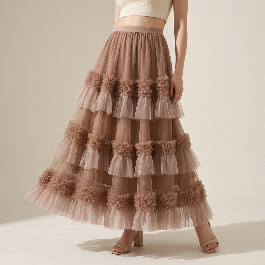 Ruffled Mesh Gauze Skirt With Satin Lining- 1391_KHA