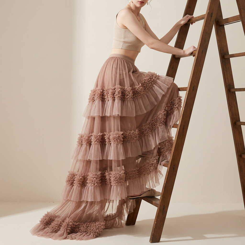 Ruffled Mesh Gauze Skirt With Satin Lining- 1391_KHA