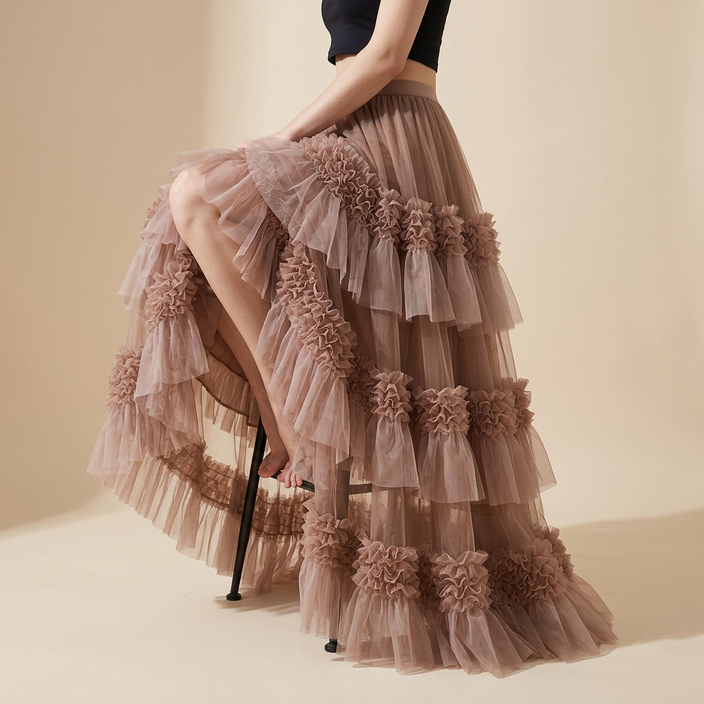 Ruffled Mesh Gauze Skirt With Satin Lining- 1391_KHA