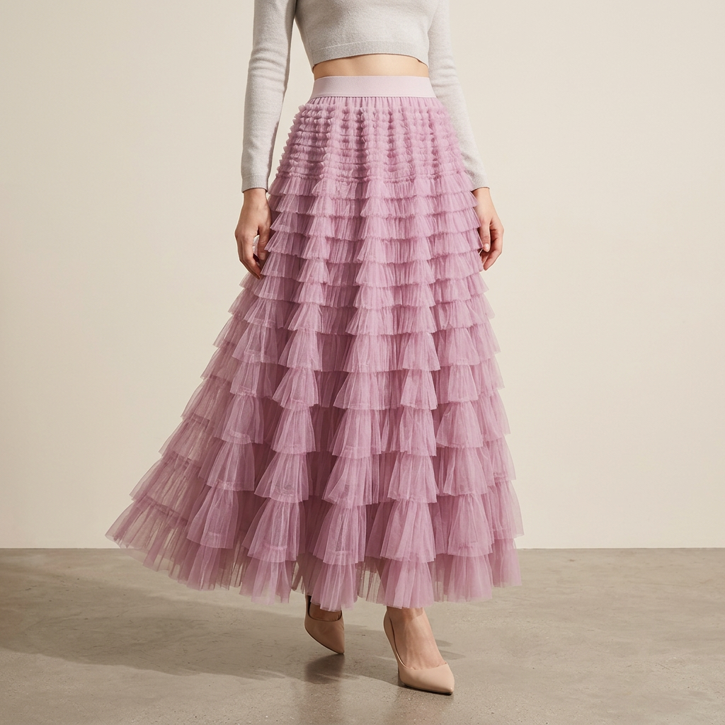 Heavy Mesh Gauze Multilayer Long Skirt With Satin Lining - 2210_PURPLE PINK