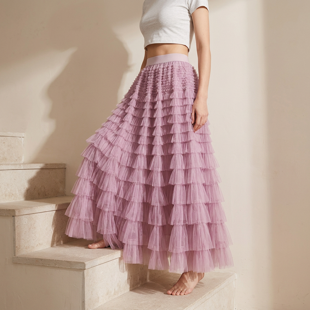 Heavy Mesh Gauze Multilayer Long Skirt With Satin Lining - 2210_PURPLE PINK
