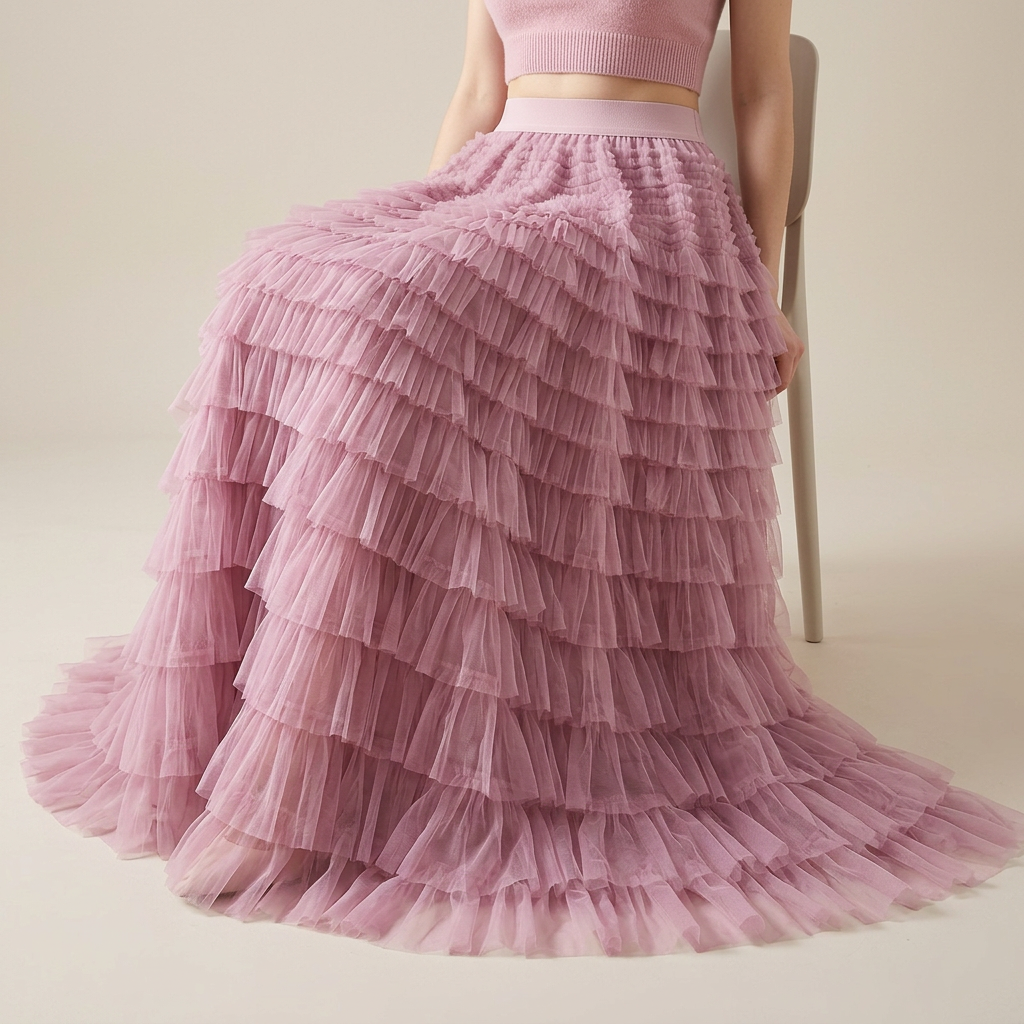 Heavy Mesh Gauze Multilayer Long Skirt With Satin Lining - 2210_PURPLE PINK