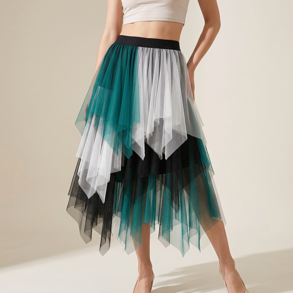 Multilayer Irregular Three Color Mesh Skirt - 8063_WHITE AND GREEN