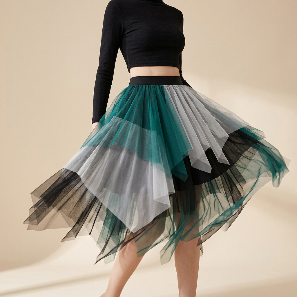 Multilayer Irregular Three Color Mesh Skirt - 8063_WHITE AND GREEN