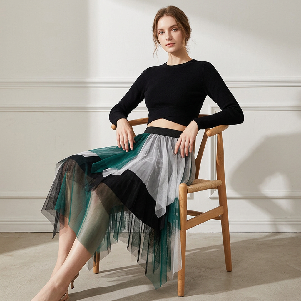 Multilayer Irregular Three Color Mesh Skirt - 8063_WHITE AND GREEN