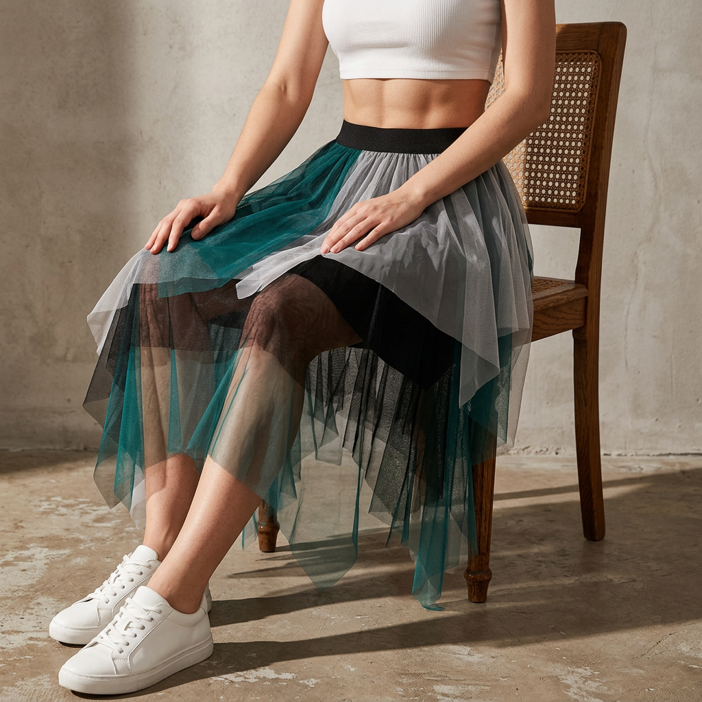 Multilayer Irregular Three Color Mesh Skirt - 8063_WHITE AND GREEN