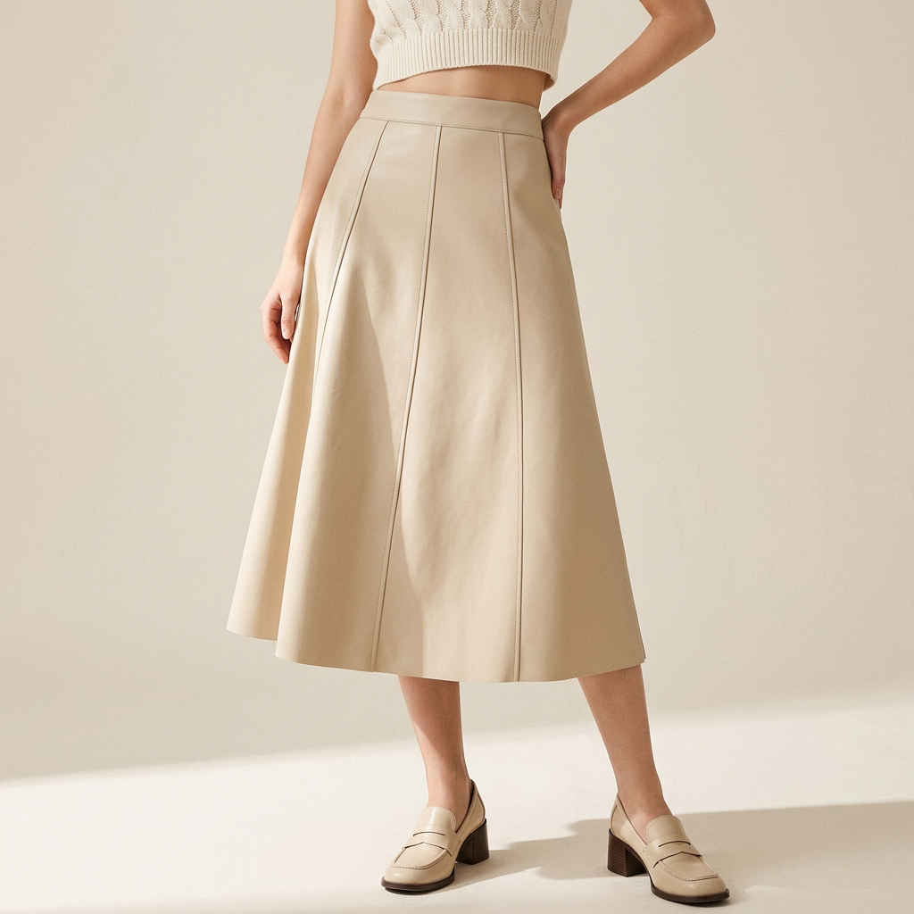 A-Line PU Leather Brown Umbrella Skirt - Q801_APRICOT