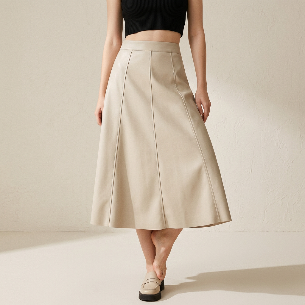 A-Line PU Leather Brown Umbrella Skirt - Q801_APRICOT