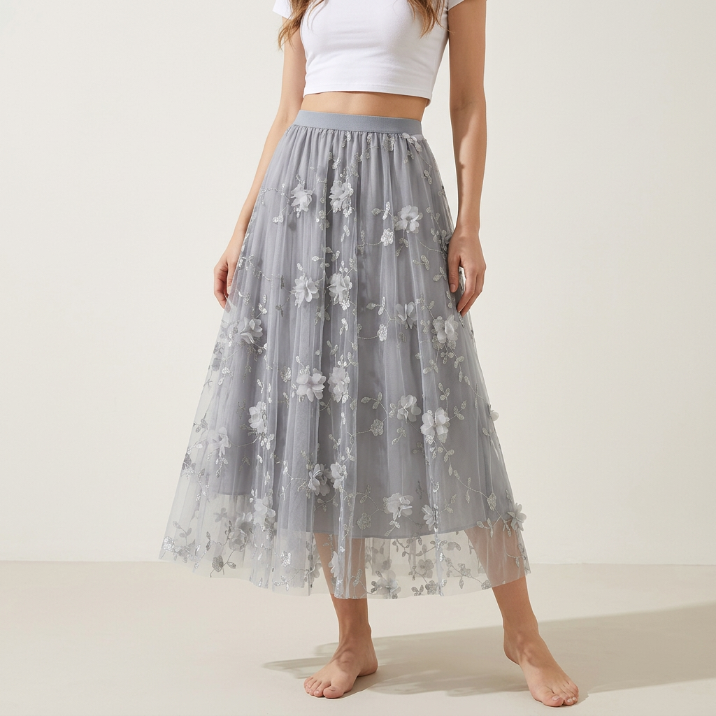 Flower Embellished and Embroidered Mesh A-Line Skirt With Satin Lining - 8692_GREY