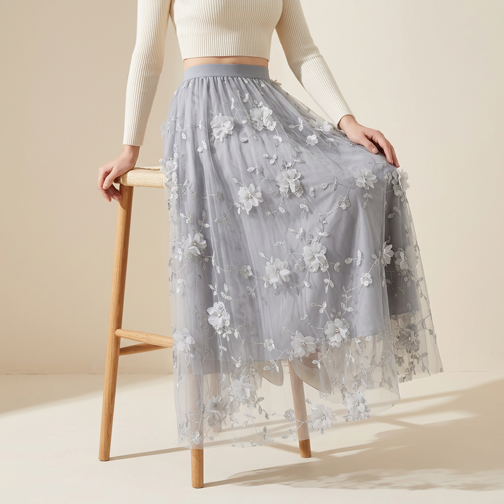 Flower Embellished and Embroidered Mesh A-Line Skirt With Satin Lining - 8692_GREY