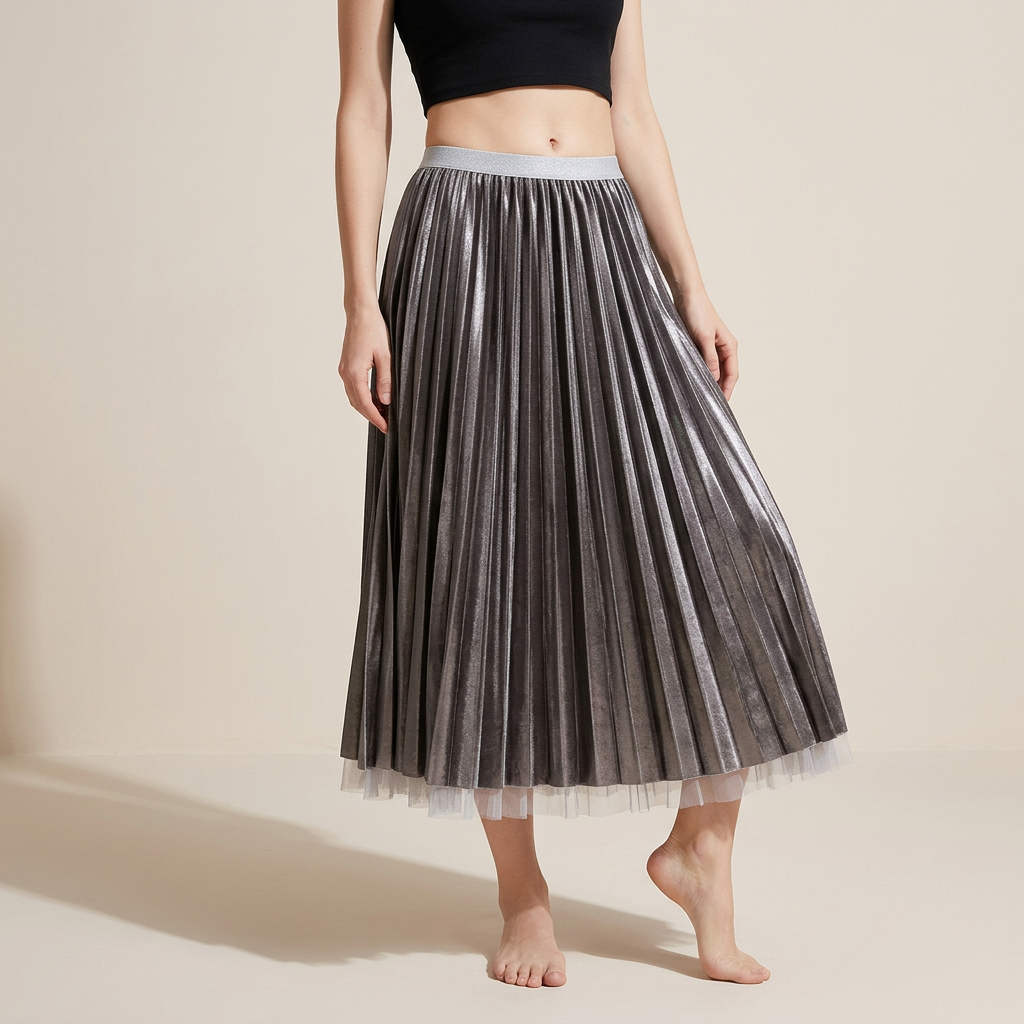 Velvet And Mesh Multilayer Pleated Skirt - 3319_GREY