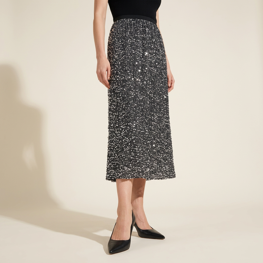 Heavy Sequinned Hip Skirt With Back Slit - D8035_GREY