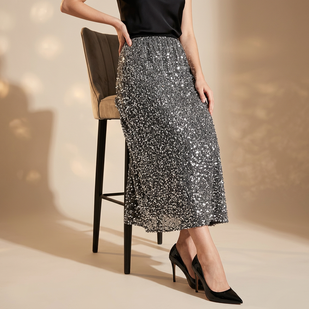 Heavy Sequinned Hip Skirt With Back Slit - D8035_GREY
