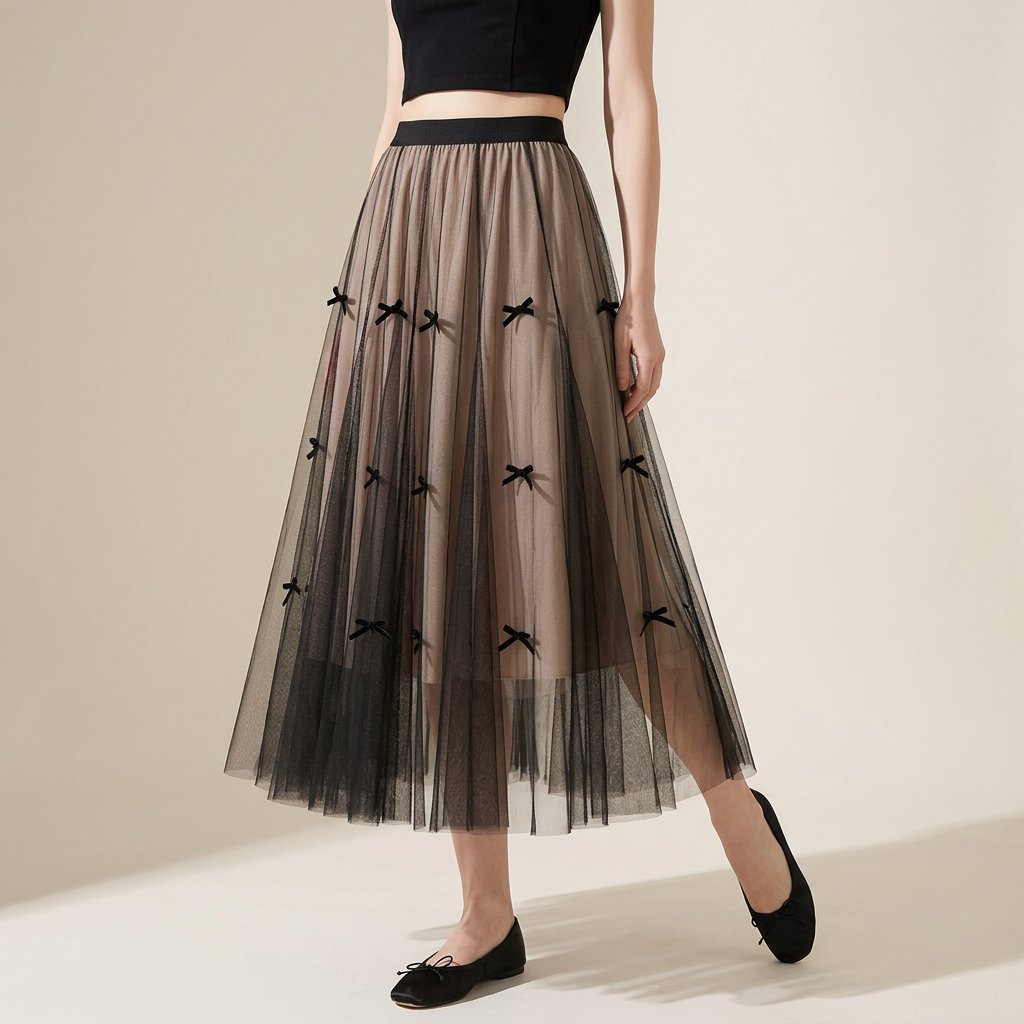 Mesh Gauze Japanese Style A Line Bow Skirt - 0883_BROWN