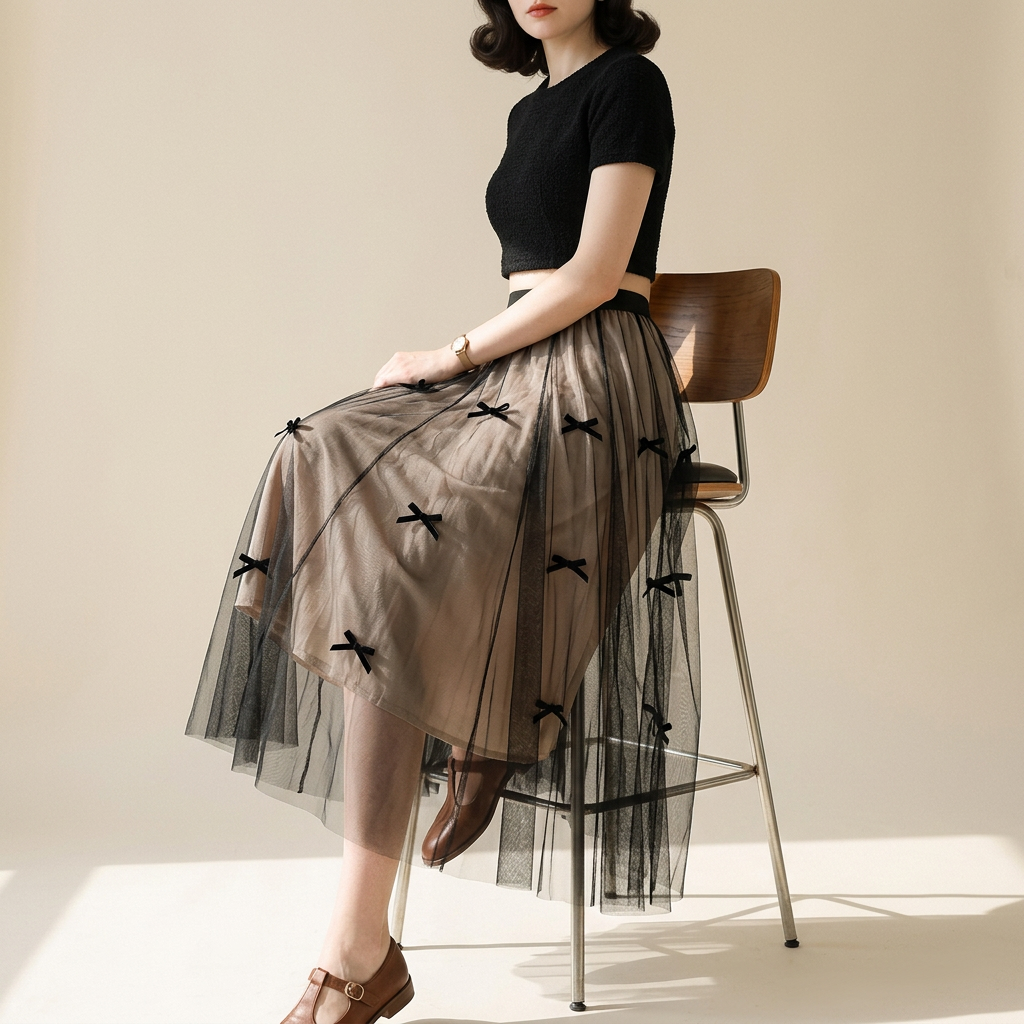 Mesh Gauze Japanese Style A Line Bow Skirt - 0883_BROWN