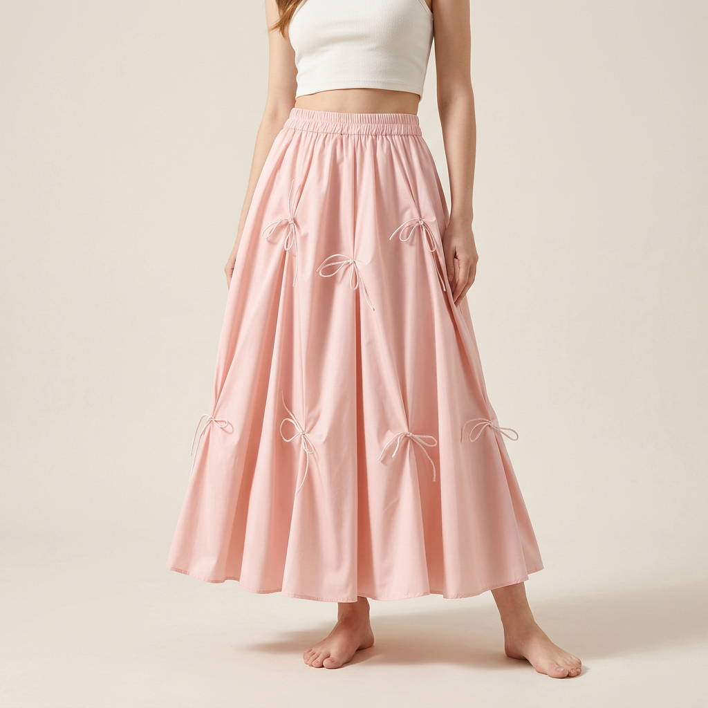 Blush Elegance Bow Skirt with Delicate Ribbon Accent Details - 8931_PINK