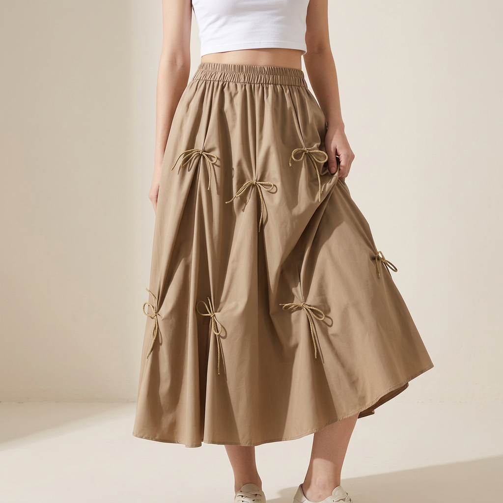 Sandy Chic Bow Skirt with Stylish Ribbon Accents - 8931_KHAKI