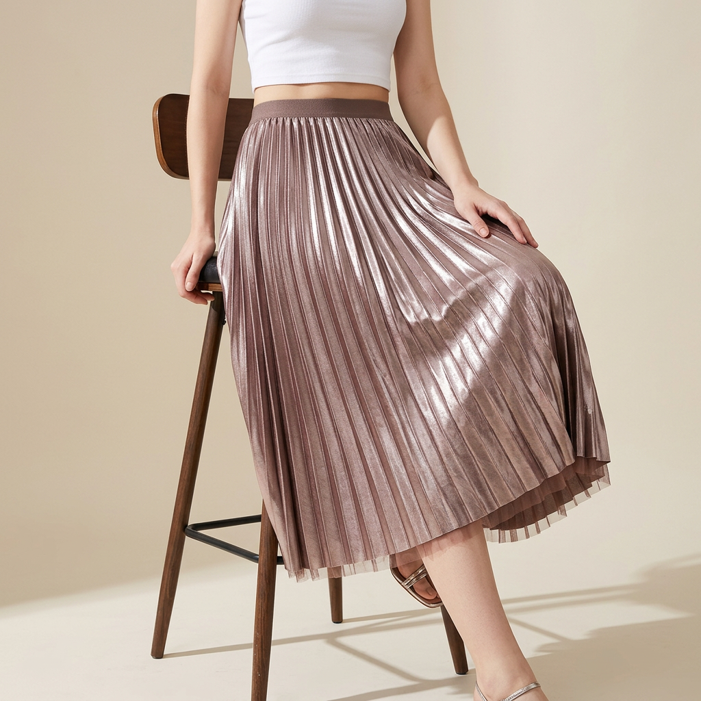 Velvet And Mesh Multilayer Pleated Skirt - 3319_KHAKI