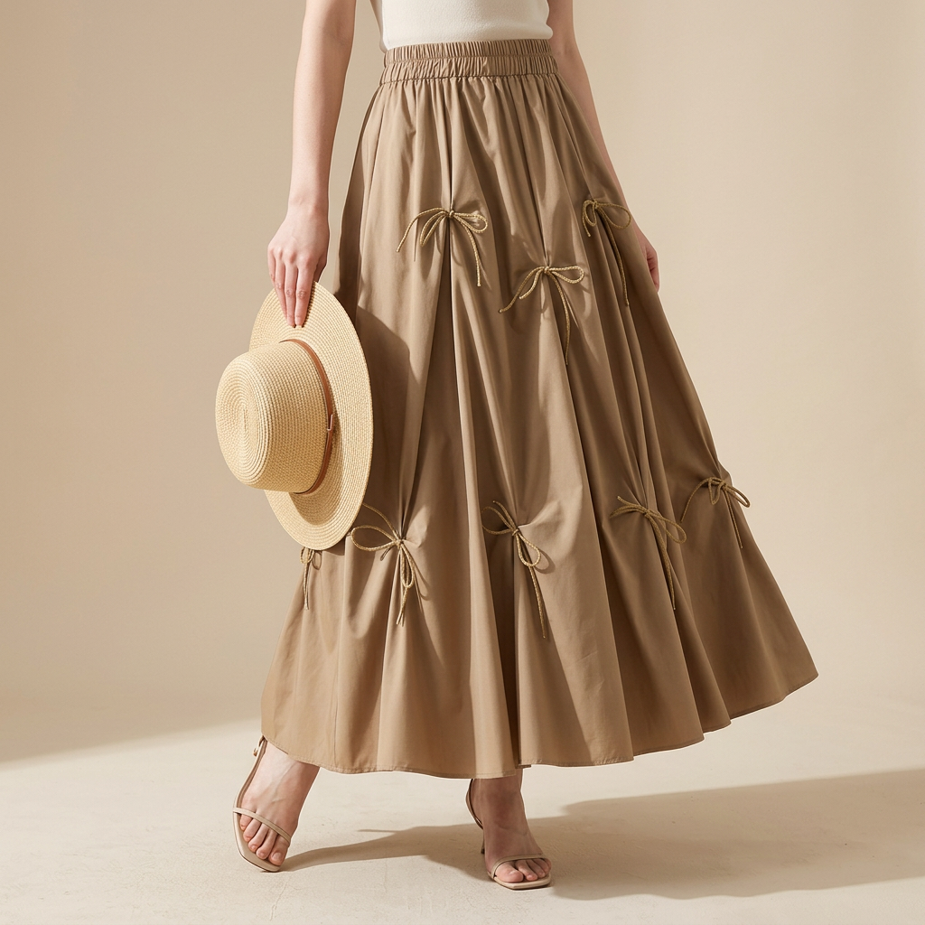 Sandy Chic Bow Skirt with Stylish Ribbon Accents - 8931_KHAKI