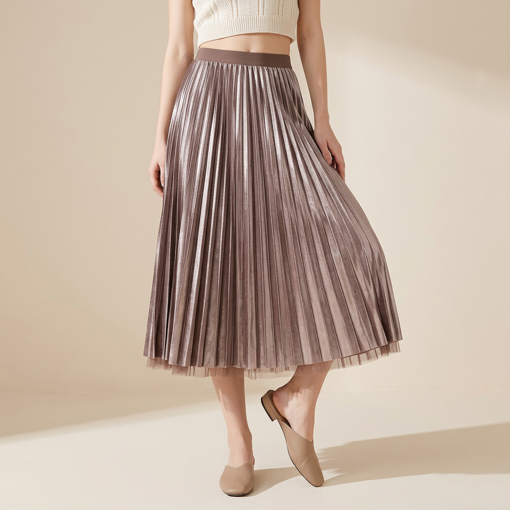 Velvet And Mesh Multilayer Pleated Skirt - 3319_KHAKI