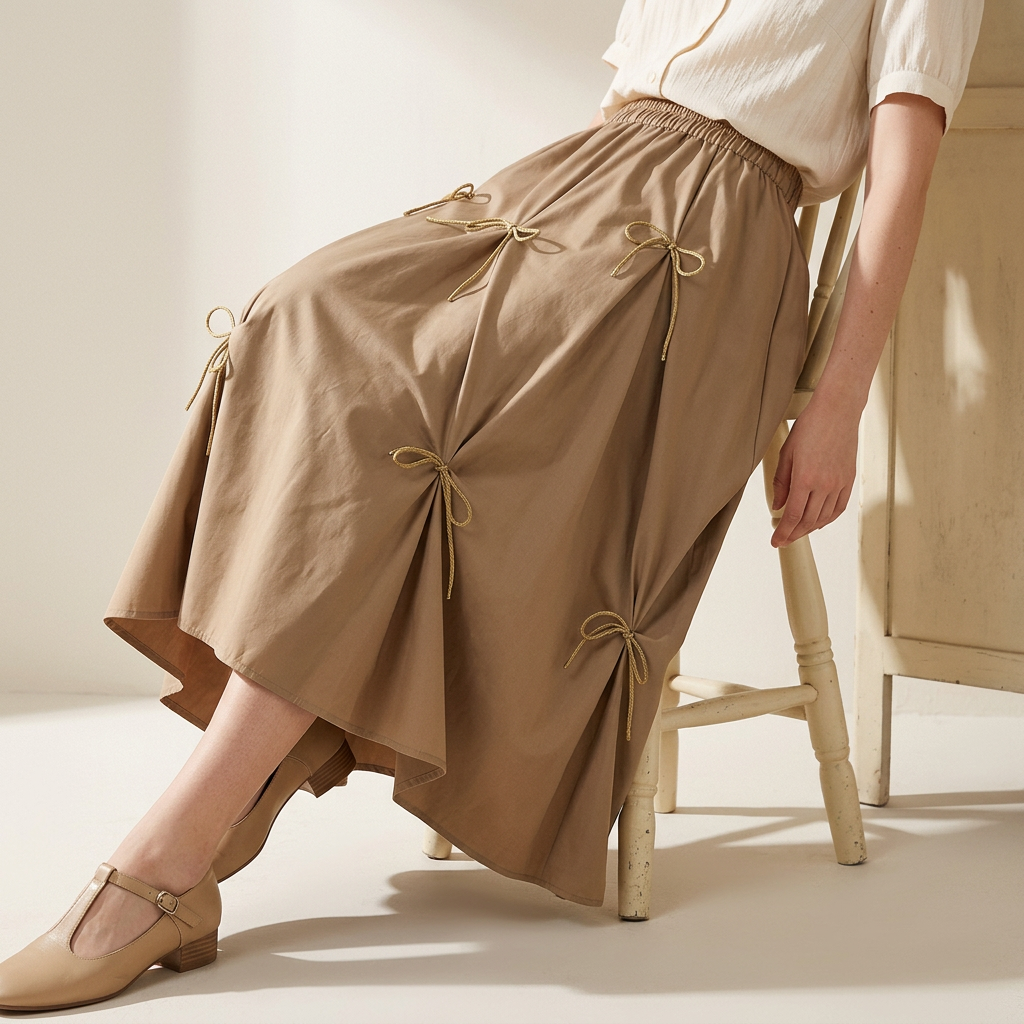 Sandy Chic Bow Skirt with Stylish Ribbon Accents - 8931_KHAKI