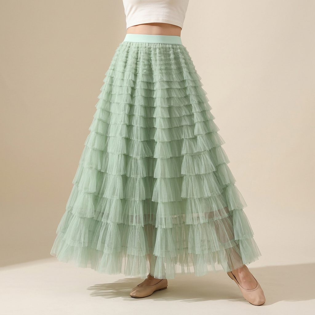 Heavy Mesh Gauze Multilayer Long Skirt With Satin Lining - 2210_LIGHT GREEN