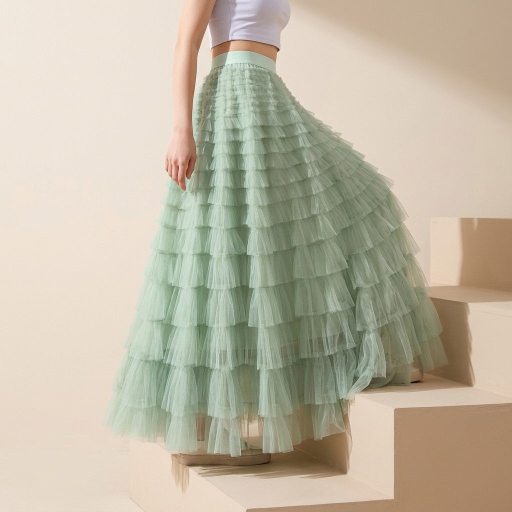 Heavy Mesh Gauze Multilayer Long Skirt With Satin Lining - 2210_LIGHT GREEN