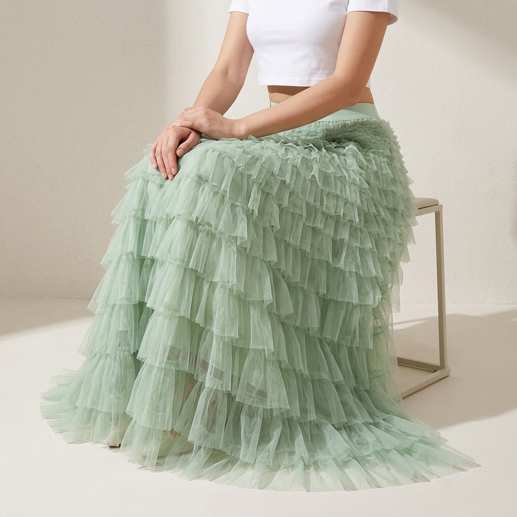 Heavy Mesh Gauze Multilayer Long Skirt With Satin Lining - 2210_LIGHT GREEN