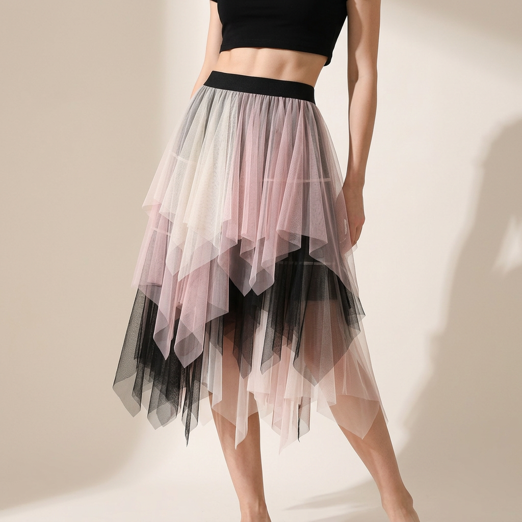 Multilayer Irregular Three Color Mesh Skirt - 8063_PINK AND WHITE