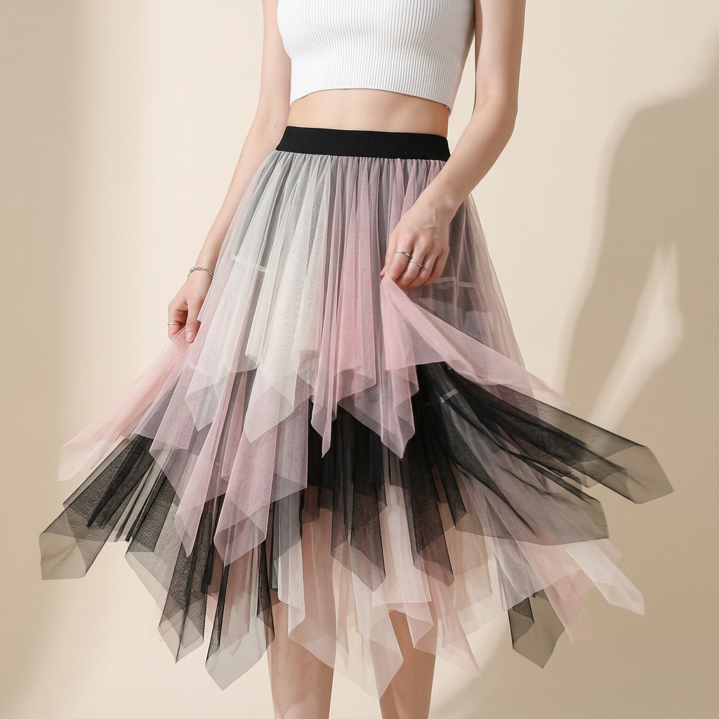 Multilayer Irregular Three Color Mesh Skirt - 8063_PINK AND WHITE