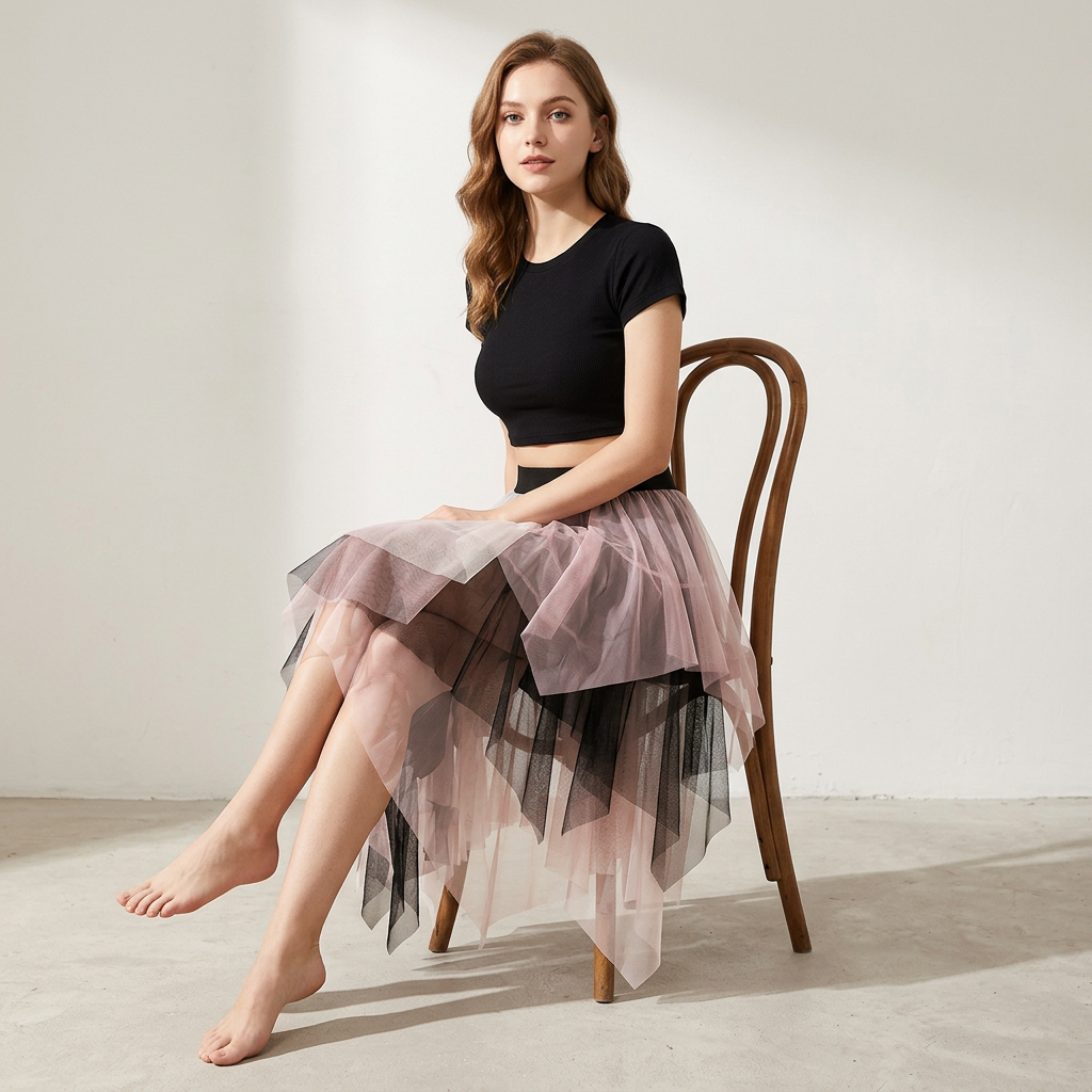 Multilayer Irregular Three Color Mesh Skirt - 8063_PINK AND WHITE