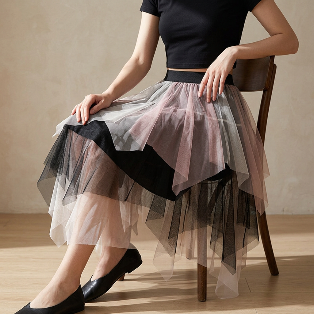 Multilayer Irregular Three Color Mesh Skirt - 8063_PINK AND WHITE