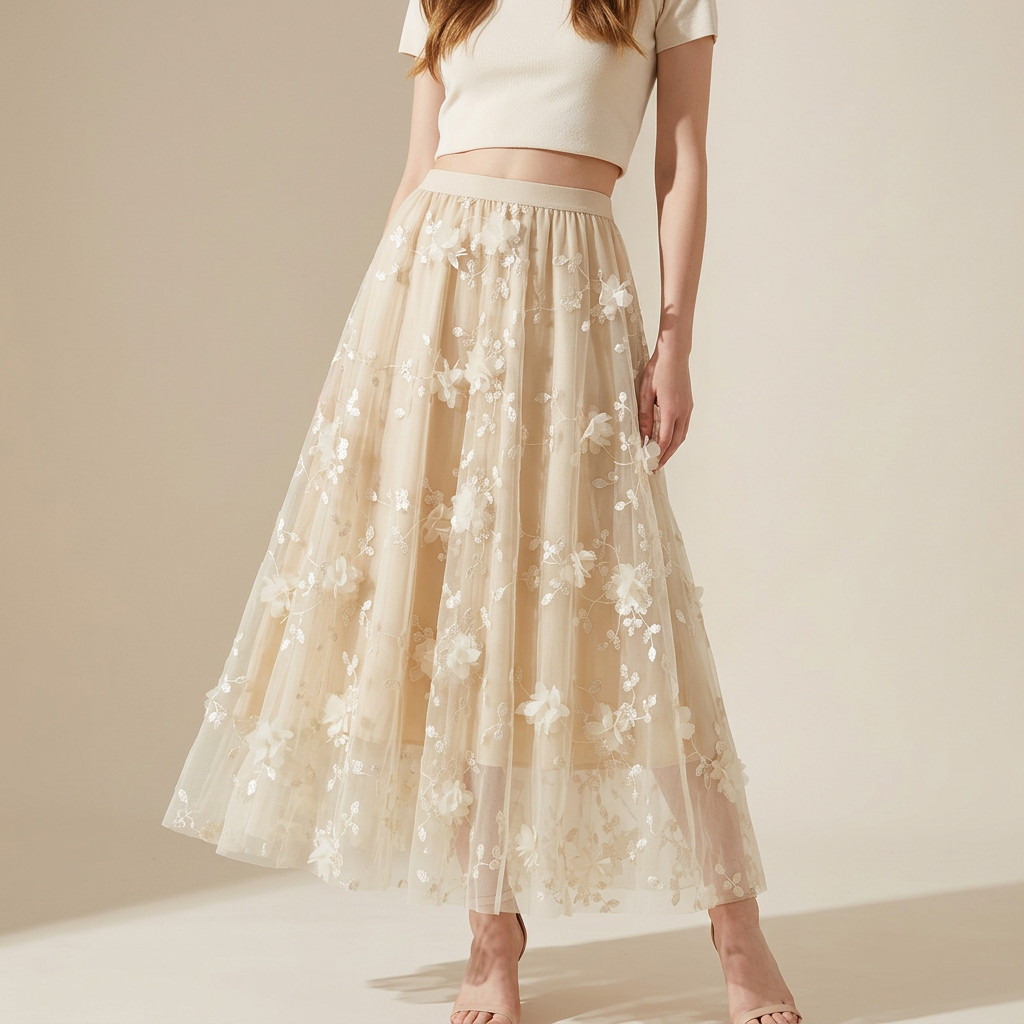Flower Embellished and Embroidered Mesh A-Line Skirt With Satin Lining - 8692_APRICOT