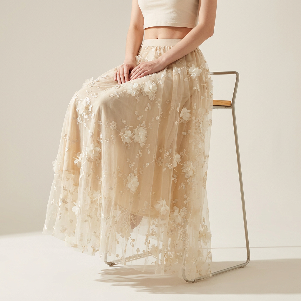 Flower Embellished and Embroidered Mesh A-Line Skirt With Satin Lining - 8692_APRICOT