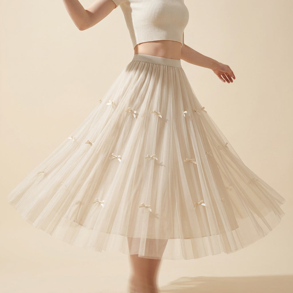 Mesh Gauze Japanese Style A Line Bow Skirt - 0883_APRICOT